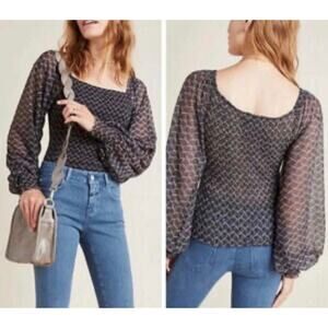 Anthropologie Smocked Black Blouse White Silver Long Balloon Sleeve Sheer Top M